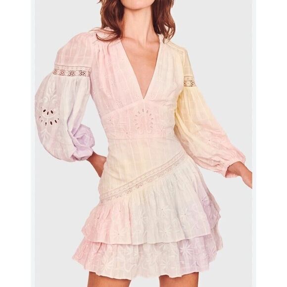 NWT LoveShackFancy Ruffle Mini Dress Abitha Tie Dye Embroidered Cotton sz M - Picture 6 of 6